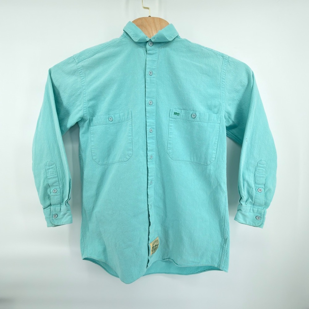 Vintage Bermuda Railway Co Mens Small Teal Cotton Heavyweight Button Shirt